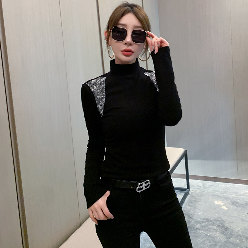 高领打底衫女2025秋冬新款欧货重工烫钻长袖T恤紧身内搭洋气上衣,淘宝优惠券,粉丝福利购,淘宝优惠卷