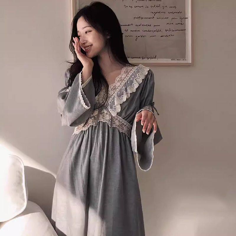 2025新款纯棉睡裙宫延风春秋季蕾丝花边V领纯色长款睡衣裙家居服,淘宝优惠券,粉丝福利购,淘宝优惠卷