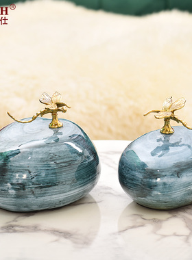 新中式风蜻蜓陶瓷样板间酒柜摆件