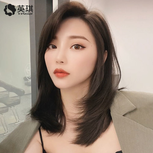 英琪假发女中长发偏分刘海蓬松锁骨发全真自然真发头套韩式发型女 - 图0