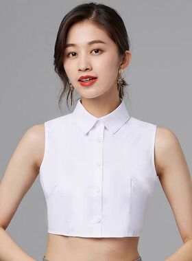 2026夏秋女式尖领无袖假领百搭修身显瘦雪纺纯色翻领职业打底衬衣