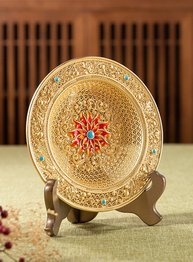 宝相花盘摆件铜工艺品花丝镂空艺术品客厅玄关家居装饰品高档礼品