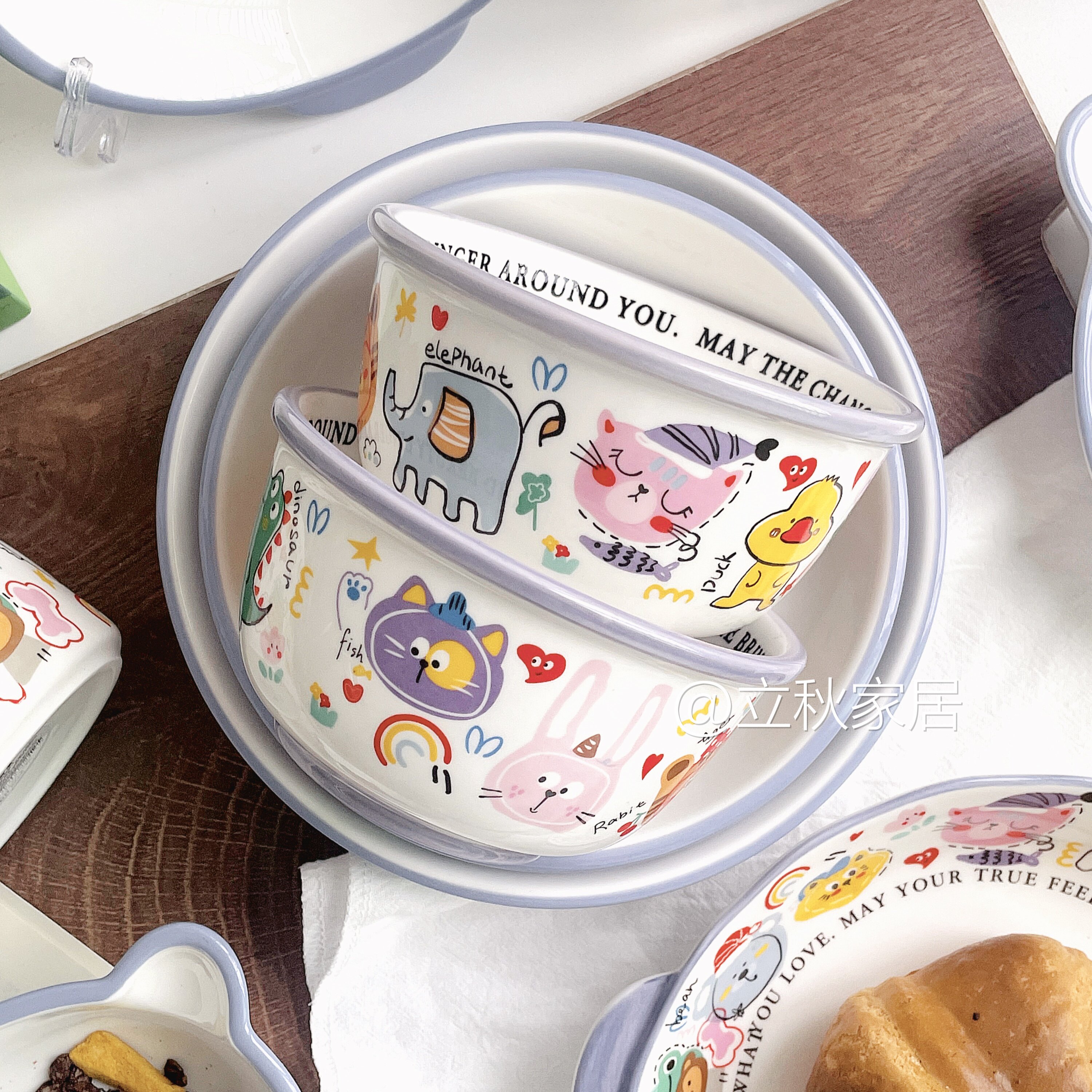 卡通彩绘涂鸦陶瓷碗家用釉下彩餐具大面碗可爱碗儿童小饭碗盘