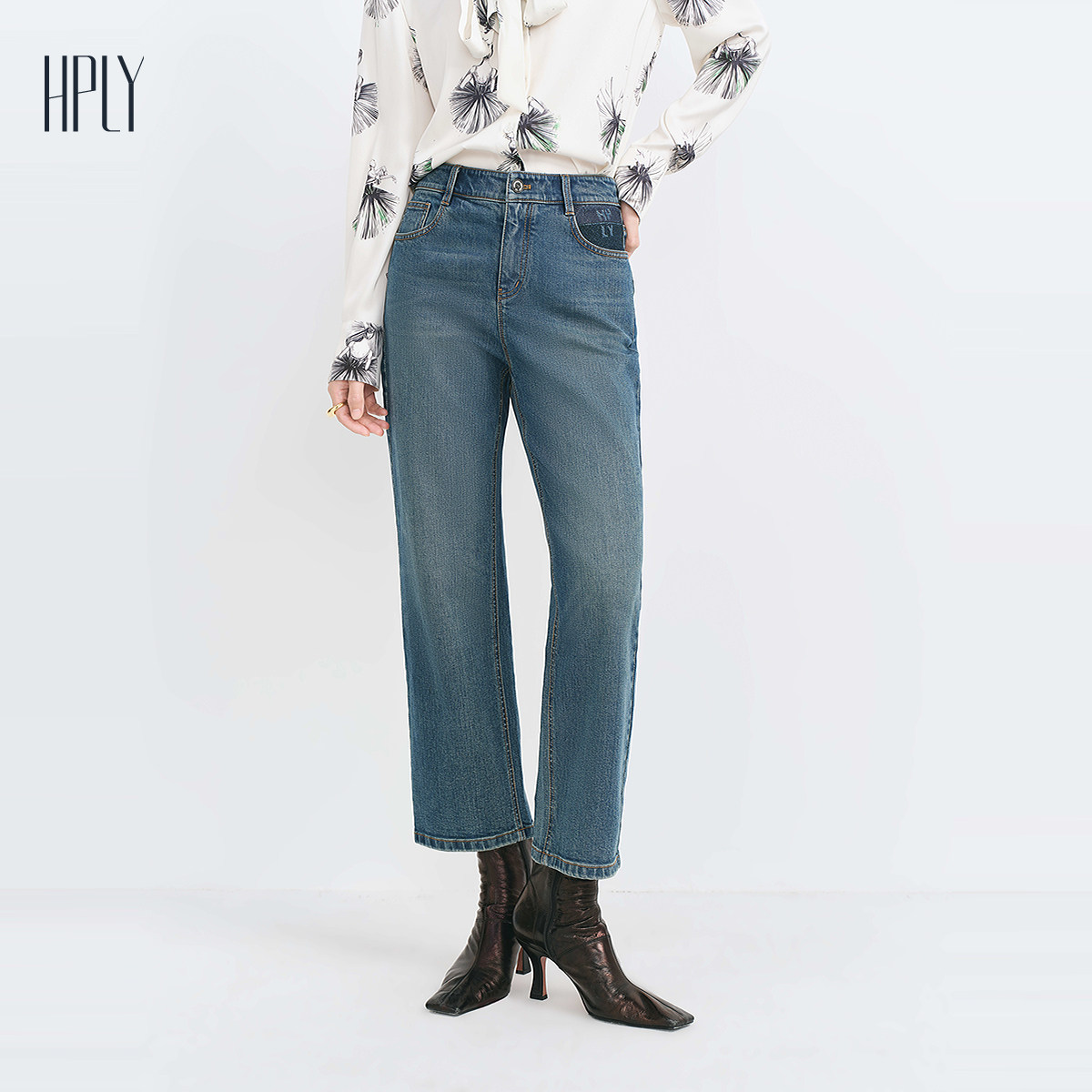 【商场同款】HPLY荷比俪冬季新款女复古撞色高腰直筒牛仔裤,淘宝优惠券,粉丝福利购,淘宝优惠卷