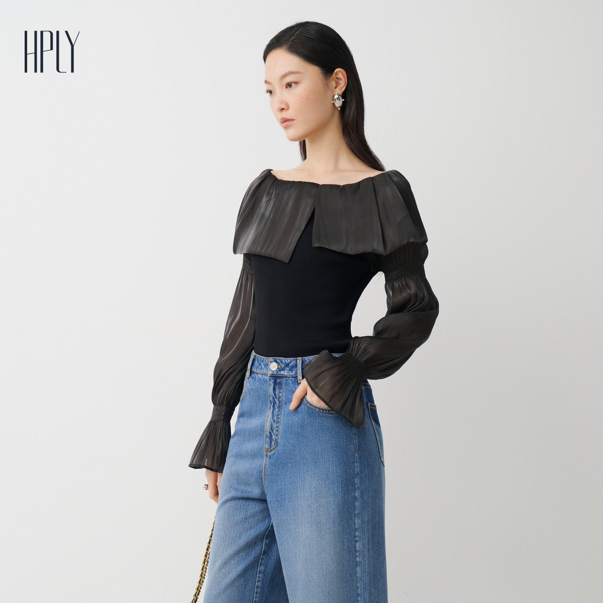 【商场同款】HPLY荷比俪秋季新款女一字肩针梭相拼修身毛衫,淘宝优惠券,粉丝福利购,淘宝优惠卷