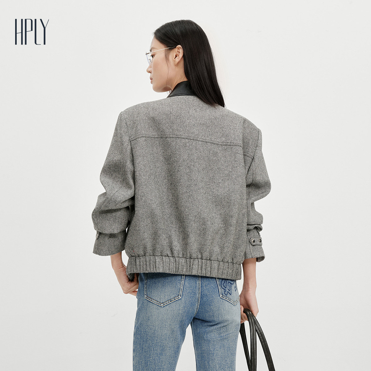 【商场同款】HPLY荷比俪2025冬新款羊毛皮革翻领夹花灰短外套,淘宝优惠券,粉丝福利购,淘宝优惠卷