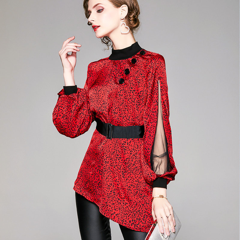 女设计感小众印花蝙蝠袖透视秋衬衫 拉墨客衬衫