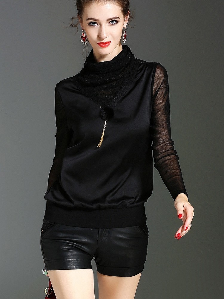 2020秋季新款透视黑色高领打底衫 拉墨客T恤