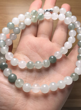 天然天山翠手串项链圆珠白绿色玉石项链手链套装女士饰品首饰道具