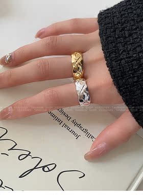 波浪形宽版指环复古菱形格纹戒指