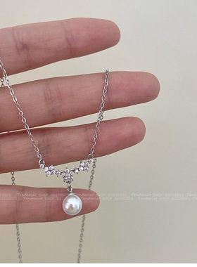 珍珠水钻花朵坠锁骨链短项链