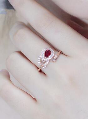 紫金微镶红色仿宝石羽毛戒指时尚大气纯玫瑰金彩镀925银