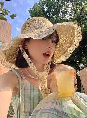 法式大帽檐草帽女2025新款夏季透气蕾丝镂空沙滩遮阳防晒帽子海边