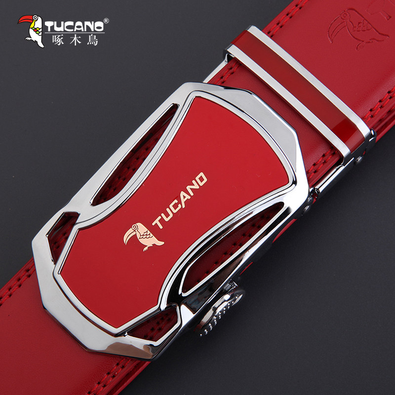 新款啄木鸟自动扣皮带女 时尚百搭男士真皮腰带本命年牛皮红裤带,淘宝优惠券,粉丝福利购,淘宝优惠卷