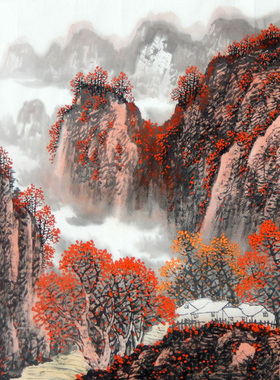 纯手绘山水画客厅国画真迹装饰风景画小六尺满山红鸿运当头靠山图