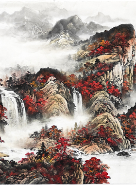 名家纯手绘原稿真迹精品国画定制山水办公室大六尺满山红鸿运当头
