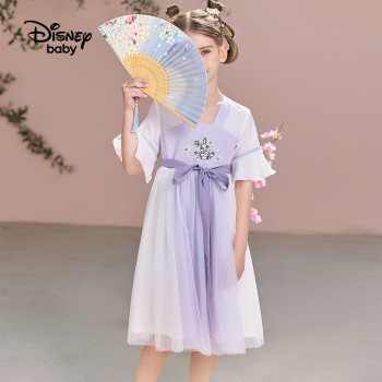 Disney Girls Dress 23 Summer New Style National Girls Woven Fantasy Color Blocking Short Sleeve Princess Dress