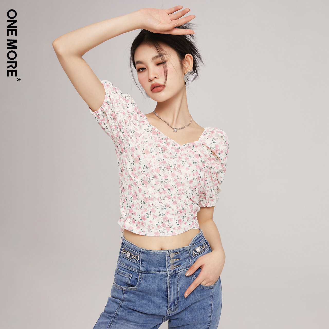 one more2022夏季新款短袖雪纺衫 onemore蕾丝衫/雪纺衫