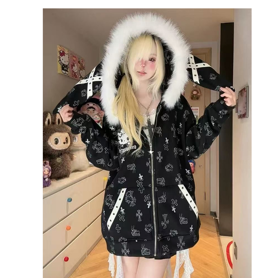 欧货通勤简约休闲风满印卡通兔耳朵连帽卫衣女保暖加绒秋冬款外套,淘宝优惠券,粉丝福利购,淘宝优惠卷