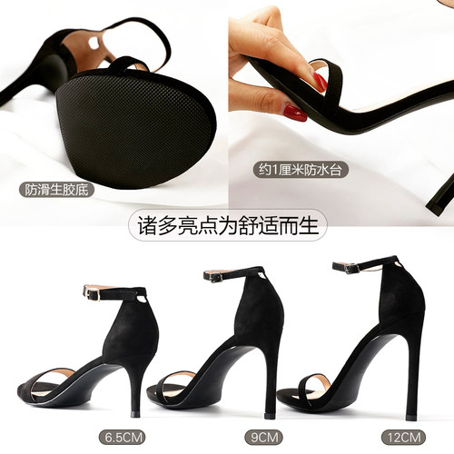 2026新款女细跟真皮一字带高跟凉鞋女时尚百搭防水台夏季黑色细带 - 图2