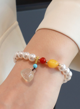 亮光贝珠手链女天然配件盐源玉髓新中式小众设计风串珠手串