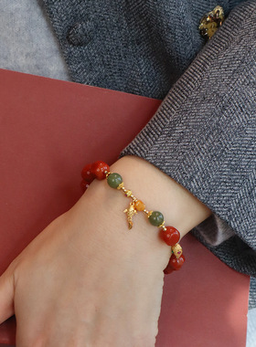 天然南红玛瑙手串女本命年新中式棱面玛瑙和田玉锦鲤转运手链