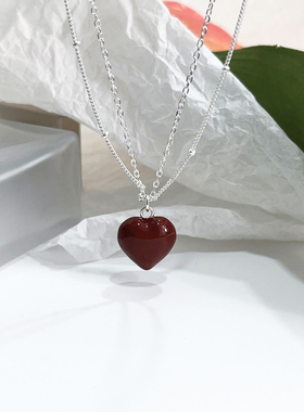 s925纯银日韩安可拉红色爱心双层项链女新年红红火火气质锁骨链女