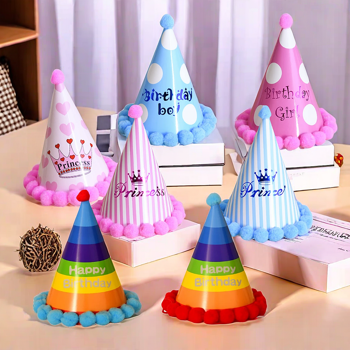 网红款生日帽子派对用品多款毛球皇冠周岁宝宝儿童生日帽拍照道具 - 图1