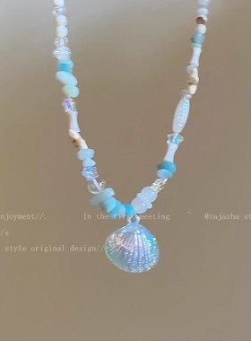搜搜海边度假贝壳吊坠项链女甜美气质彩色串珠多巴胺锁骨链网