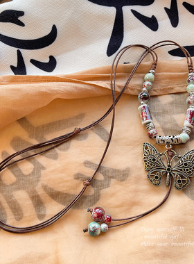 搜搜新中式禅意中古风长款流苏蝴蝶项链女轻奢小众复古串珠锁骨