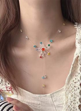 【芭比爱璃多巴胺少女水晶花朵项链串珠流苏choker颈链