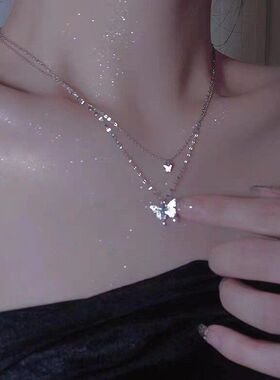 芭比狮辉闪钻蝴蝶双层项链女ins小众设计百搭轻奢冷淡风锁骨链送