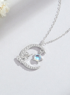 芭比盛利925银日韩月亮猫咪项链女轻奢幻彩月光石月亮锁骨链饰品