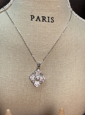 S925纯银天然淡水珍珠5-6mm极光白贝母菱形吊坠意大利宫廷风复古