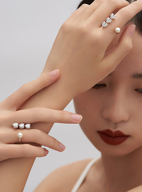 开口戒指钻石珍珠爱心钻小众设计