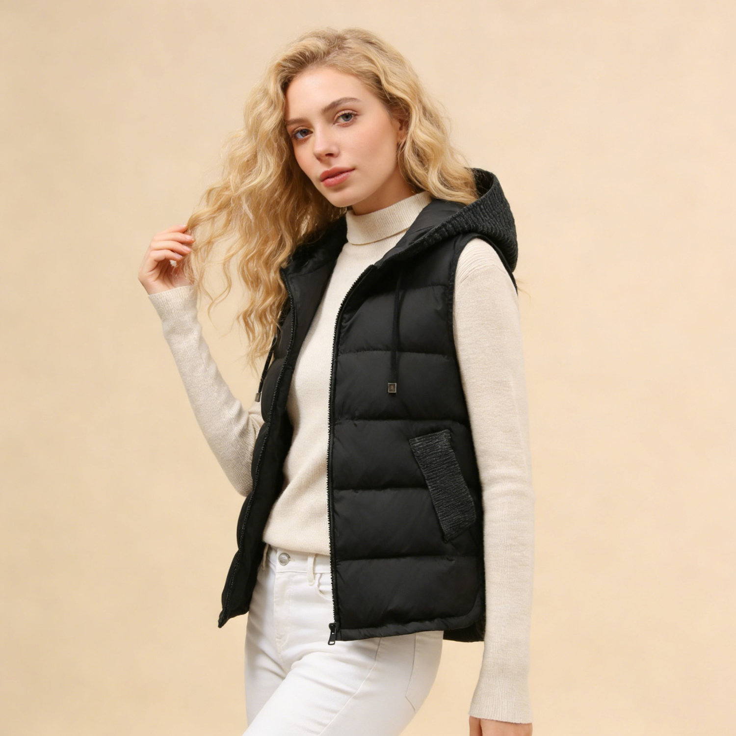 针织连帽羽绒马夹女短款2026欧美时尚宽松马甲保暖背心春秋冬季潮,淘宝优惠券,粉丝福利购,淘宝优惠卷