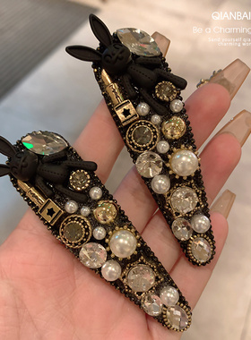 韩版重工满钻兔子发夹小香风复古
