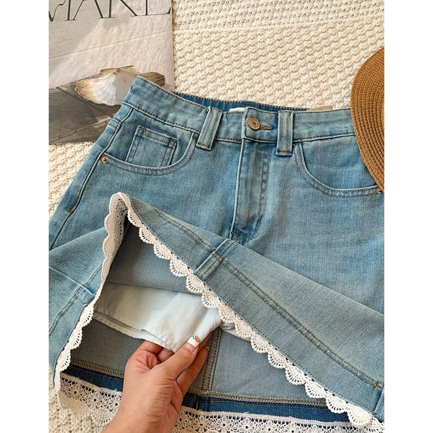 富尔大码定制女装微胖mm蕾丝拼接牛仔半身裙夏季高腰宽松a字短裙,淘宝优惠券,粉丝福利购,淘宝优惠卷