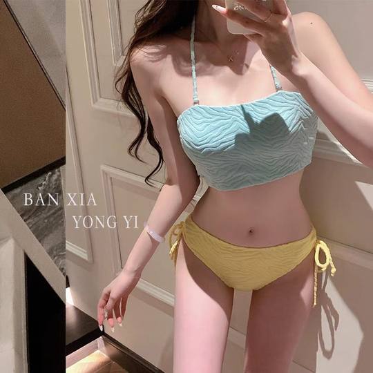 2025新款多巴胺马卡龙色纯欲风比基尼分体泳衣女裙式套温泉度假