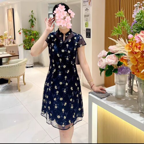 【现货】26夏季新款专柜同款新中式复古蕾丝旗袍刺绣中长款连衣裙 - 图1