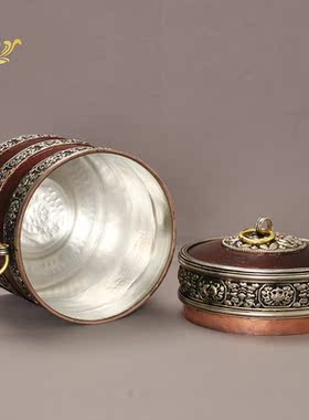 藏式酥油茶打茶桶酥油桶铜藏族民族风果盘尼泊尔工艺品摆件糌粑盒