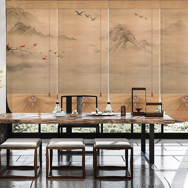 竹帘卷帘中式扇形竹帘店铺茶楼印花罗马帘阳光房遮光隔热帘隔断帘,淘宝优惠券,粉丝福利购,淘宝优惠卷