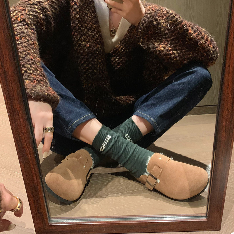 勃肯鞋加绒圆头博肯鞋女一脚蹬单鞋懒人真皮毛毛鞋包头拖鞋女外穿,淘宝优惠券,粉丝福利购,淘宝优惠卷