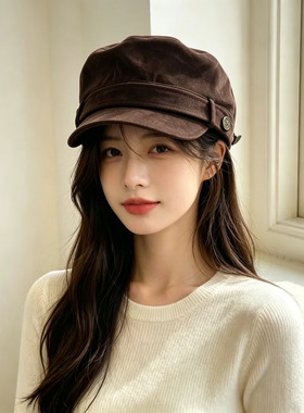 复古麂皮绒平顶马术帽子女秋冬显脸小大头围美拉德时尚鸭舌贝雷帽