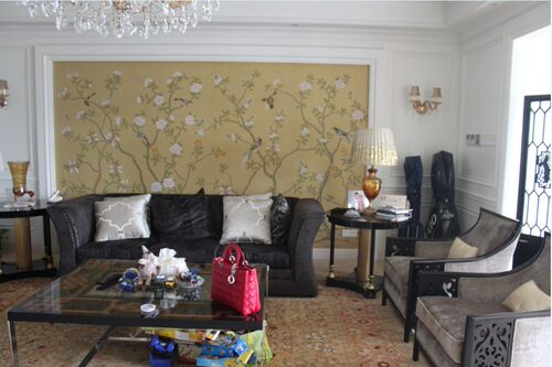 真丝手绘工笔花鸟电视沙发玄关背景丝绸墙壁纸silk wallpaper - 图0