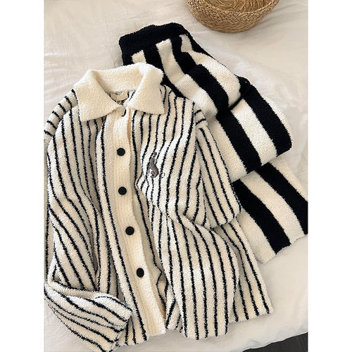 韩系卡通印花半边绒睡衣女秋冬季新款大码加厚毛绒针织家居服套装 - 图3