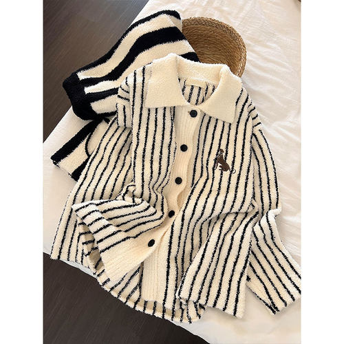 韩系卡通印花半边绒睡衣女秋冬季新款大码加厚毛绒针织家居服套装 - 图1