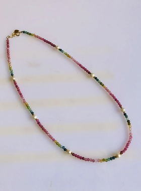 天然巴西碧玺项链彩虹碧玺2.5毫米水晶颈饰电气石彩虹宝石锁骨链