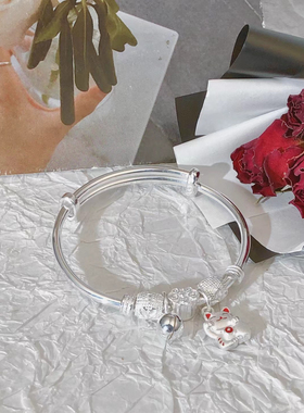 正生足银9999纯银推拉宝宝手镯光面福串小乖兔子满月儿童婴儿礼物