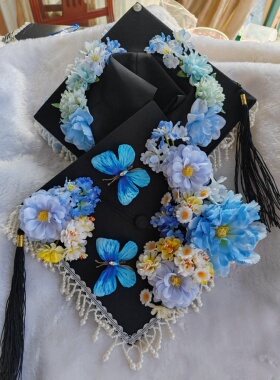 学士帽黑流苏簪花仿真花大学生毕业照硕士帽拍照双面簪花成品